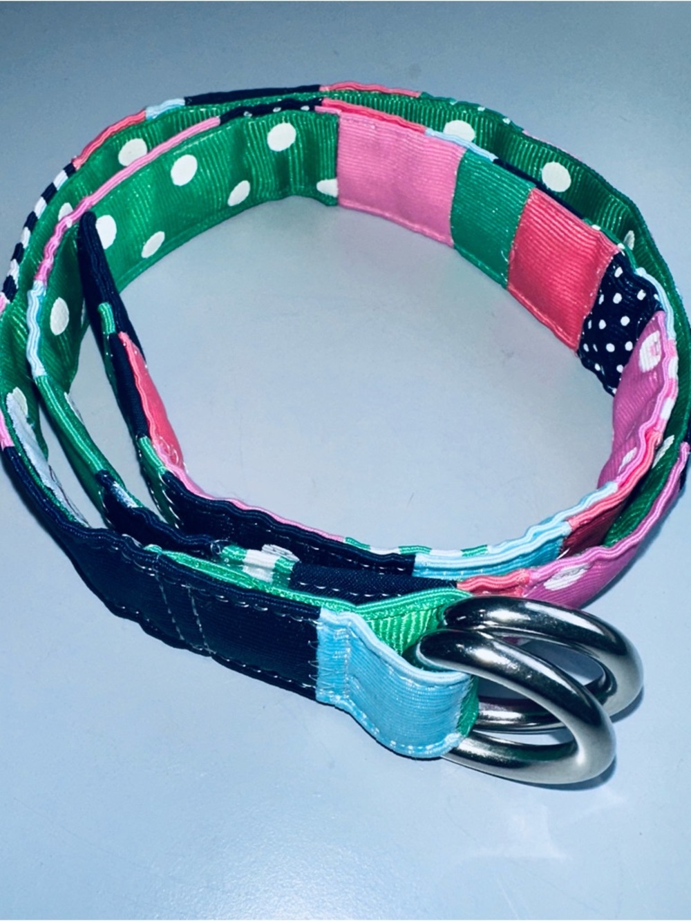 Katydid canvas and ribbon patchwork D-ring belt L